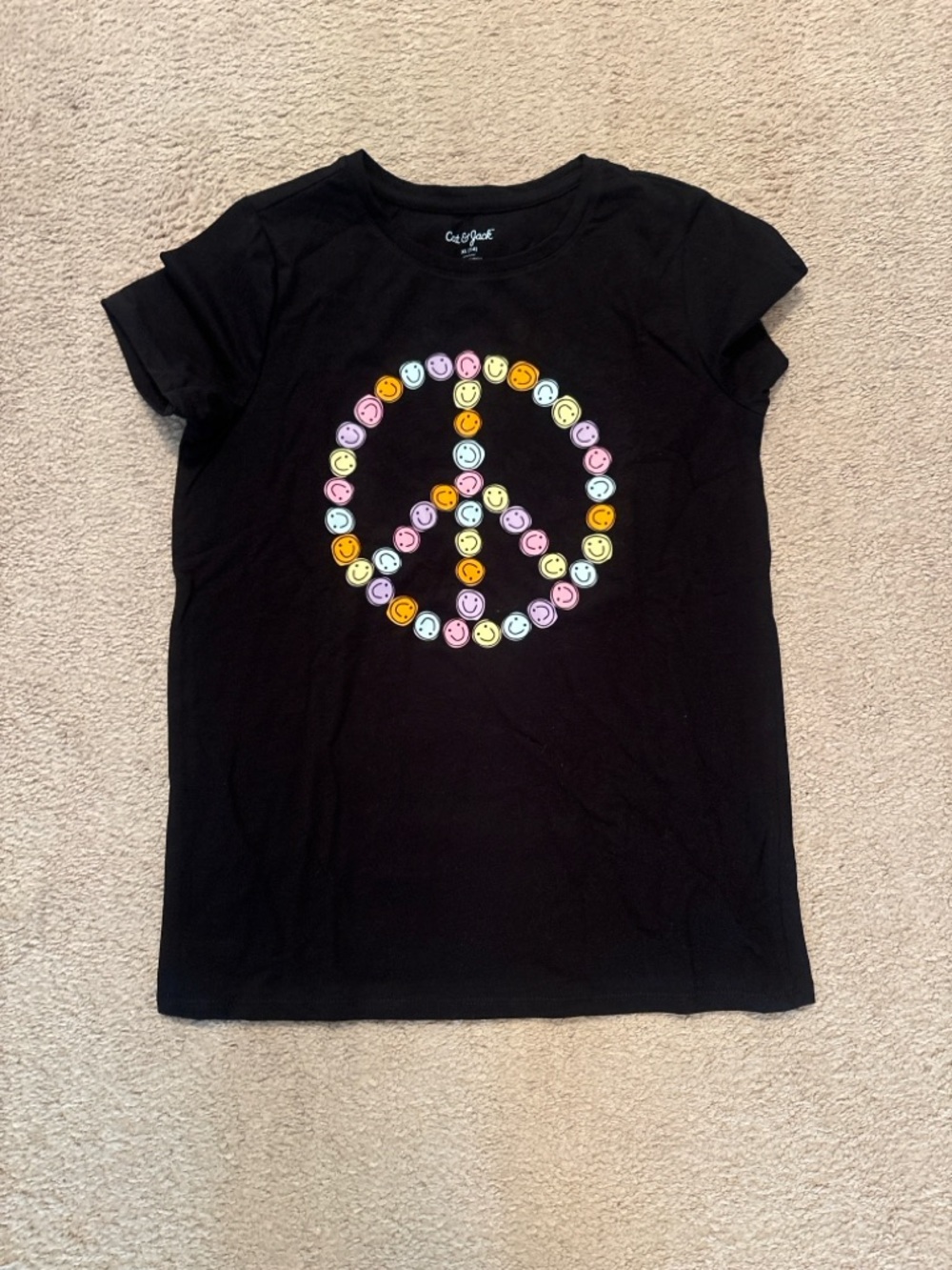 Cat & Jack Black Smiley Face Peace Sign T Shirt Girls XL 14 Graphic Tee